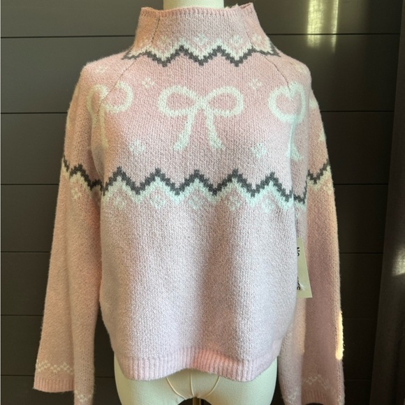 No Boundaries Other - No Boundaries Pink White Bow Girly Fair Isle Rose Mist Cowl Neck Sweater Sz 8-10